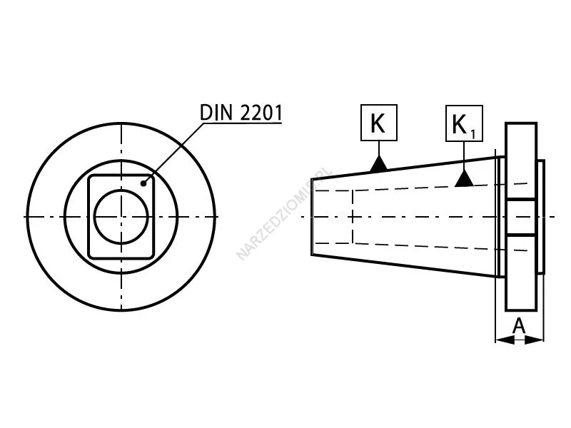 Rysunek techniczny: Tuleja redukcyjna z chw. DIN 2080 na chw.Morse'a z gw.: T.1653 ISO40/MS3 38mm - KOLNO